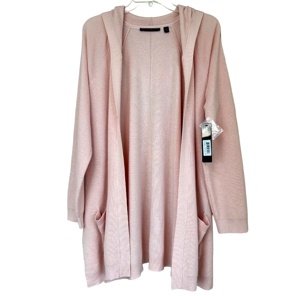 Hooded Cardigan Duster Textured Knit Sweater Soft Rose Blush Pink Size 2XL - Picture 3 of 16